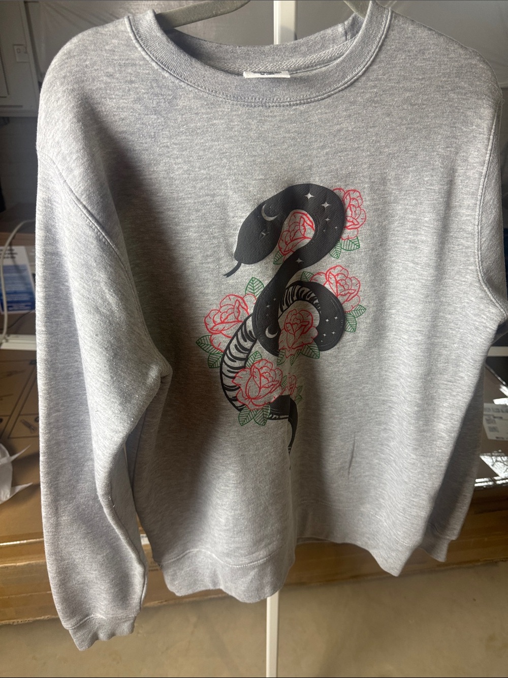 Gray Crewneck Sweatshirt with Black Snake & Pink Rose Graphic